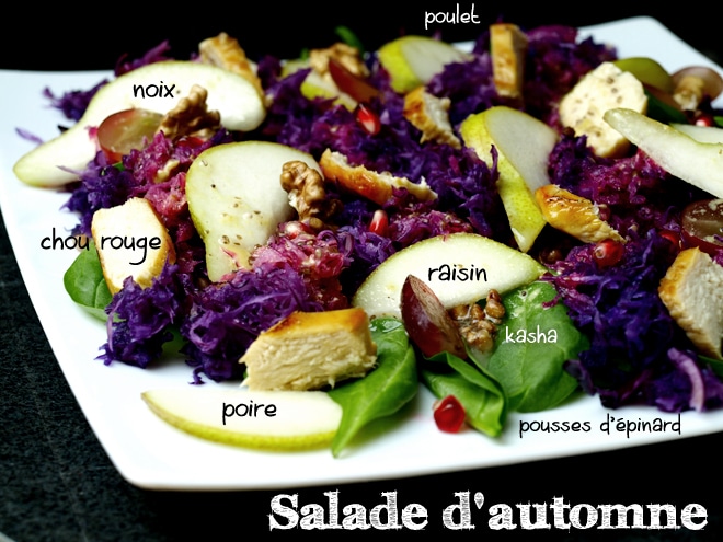 Salade de chou rouge, poire, kasha et poulet