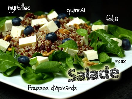Salade quinoa, feta, pousses d'épinards et myrtilles