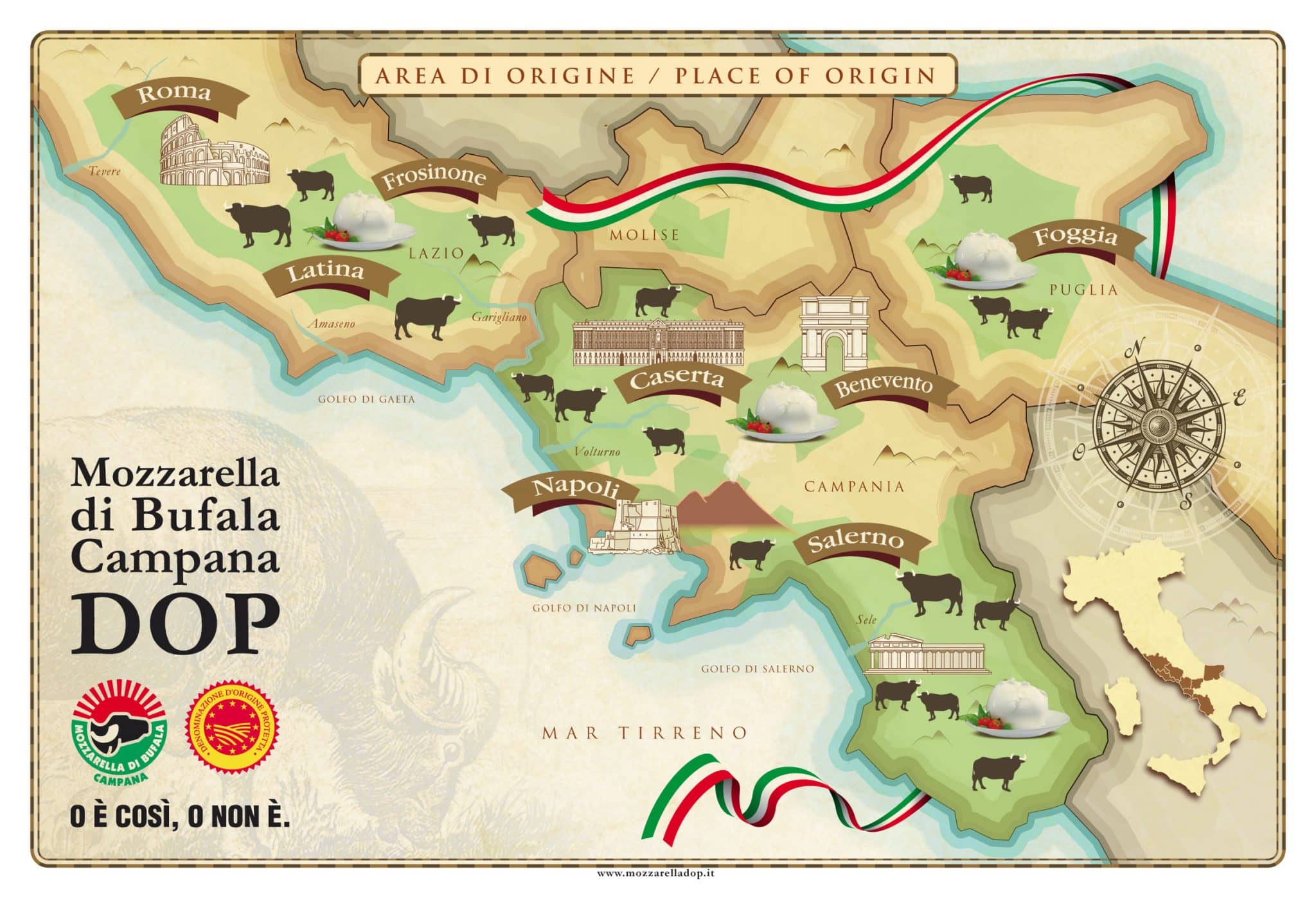 Zones de production de la mozzarella di bufala AOP
